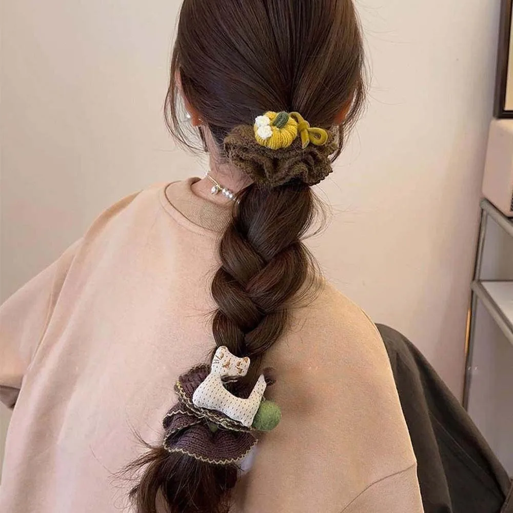 

Large Intestine Circle Knitted Hair Ring Embroidered Cat Cartoon Animal Hair Rope Sweet Elastic Horse Scrunchie Girls