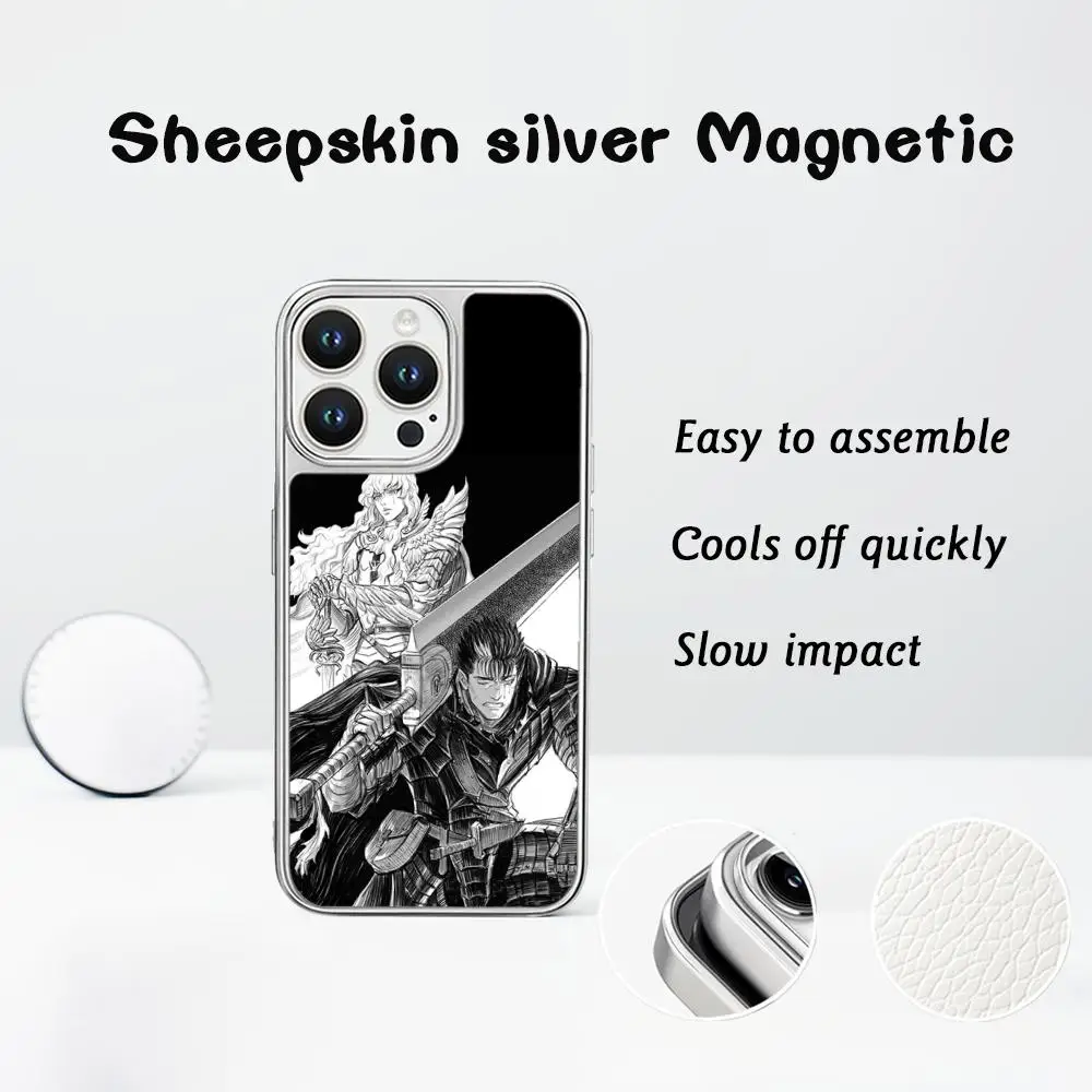 Чехол для телефона Griffith с японским аниме-дизайном для iPhone 16, 15, 14, 13, 12, 11 Pro Max, защитный чехол из овчины с серебряными краями