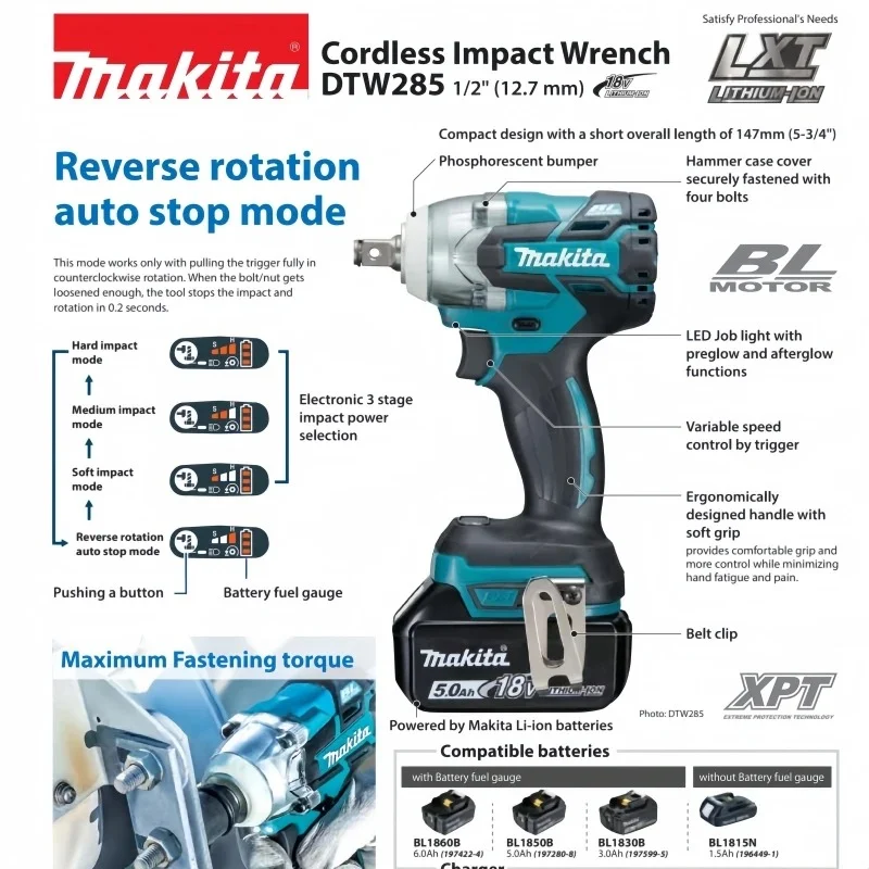 

Makita DTW285 Tools Impact Wrench Machine Brushless Cordless Electric Wrench High Torque Rechargable Tool Makita 18V Battery