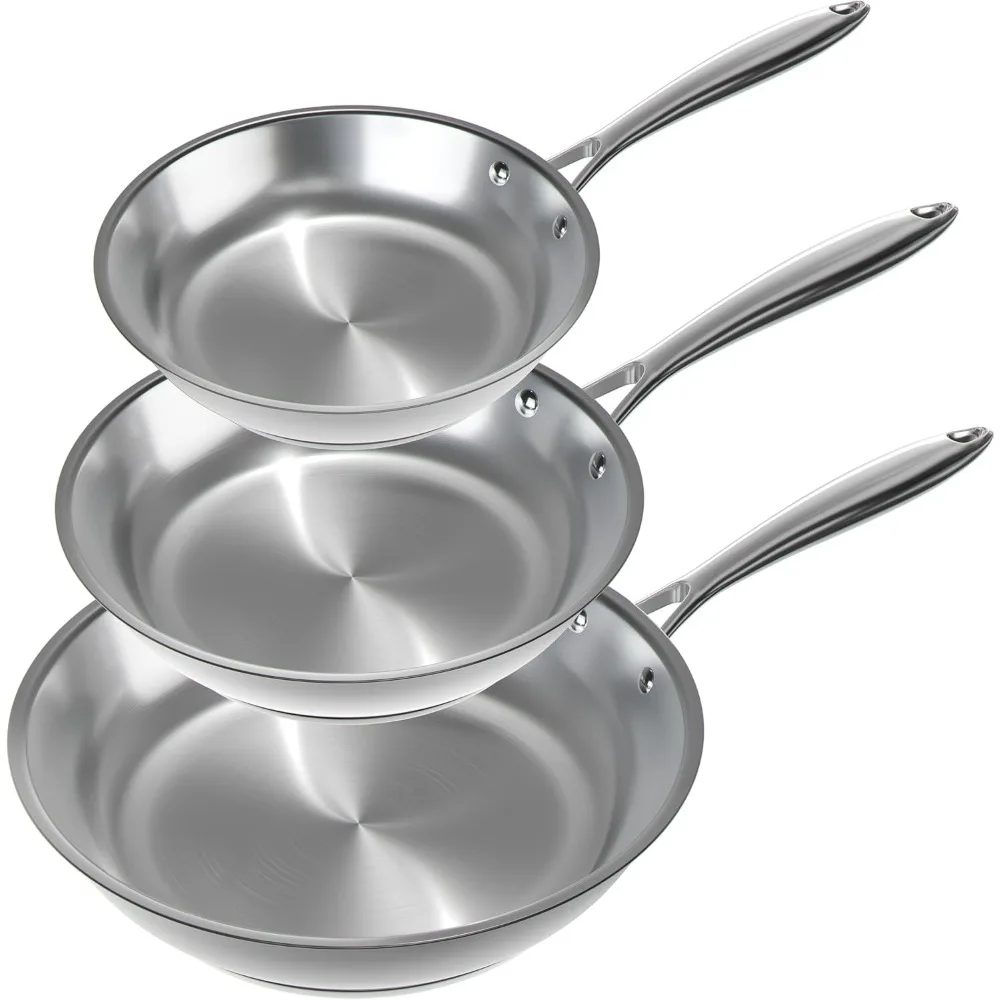 

Stainless Steel 3-Piece Frying Pan Set: 8, 10, and 12 Skillets - Dishwasher and Oven Safe