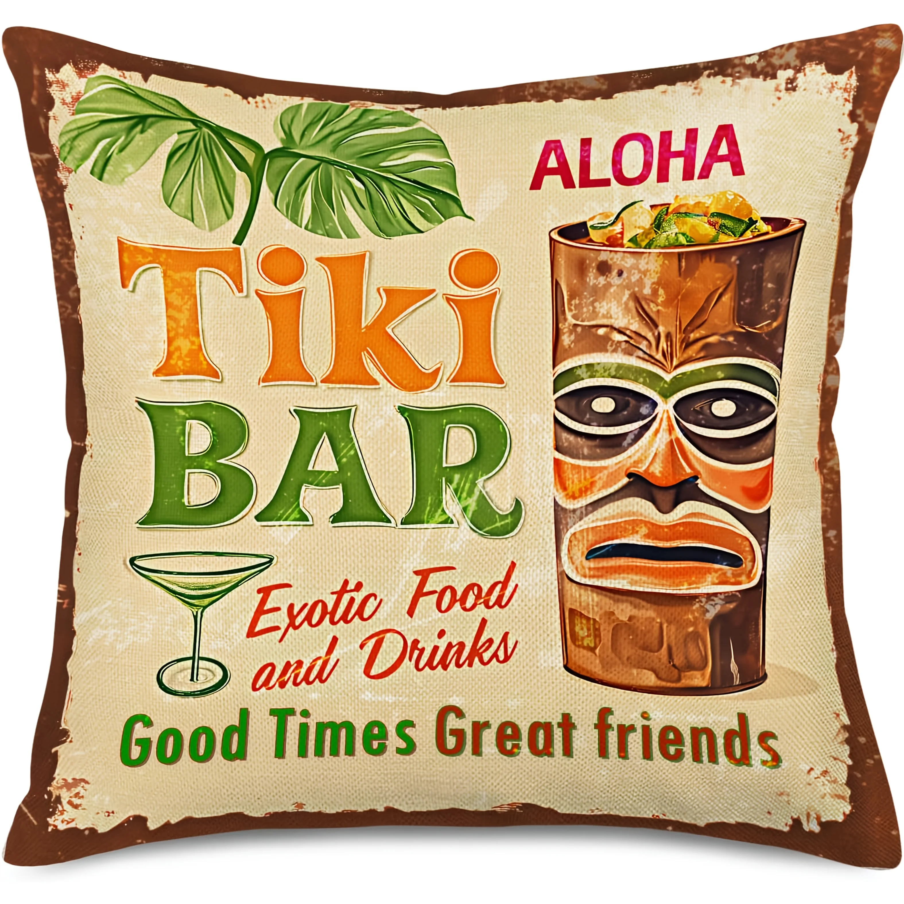 , 1pc, Linen Bar Decor Throw Pillow Cushion Cover, Vintage Polynesian Statue With Tropical Drink Funny Quote Words Design Linen