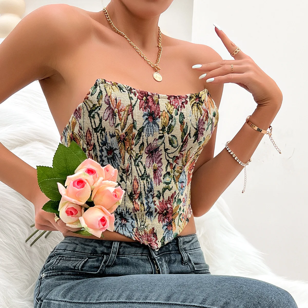 

Vintage Print Halter Corset Tops Women's French Palace Floral Sleeveless Crop Top Back Strap Retro Shaper Bustier Tops Camisole