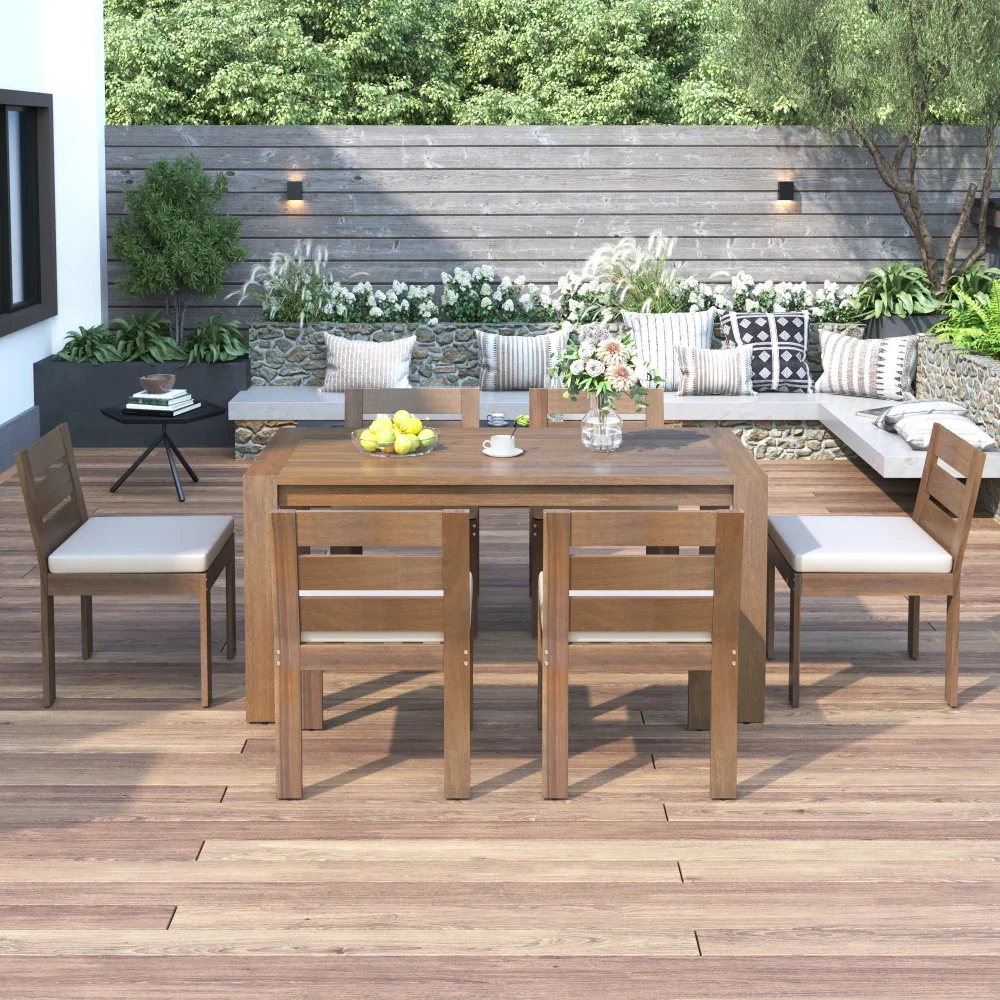 7 Piece Acacia Wood Outdoor Dining Set, Suitable for Patio, Balcony Patio Furniture Set Outdoor Patio Furniture Patio Chair Set