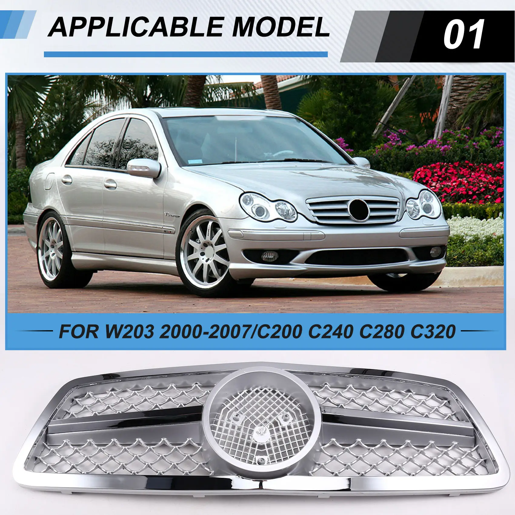 

Grille Front Bumper Grill For C-Class W203 2000-2006 Chrome