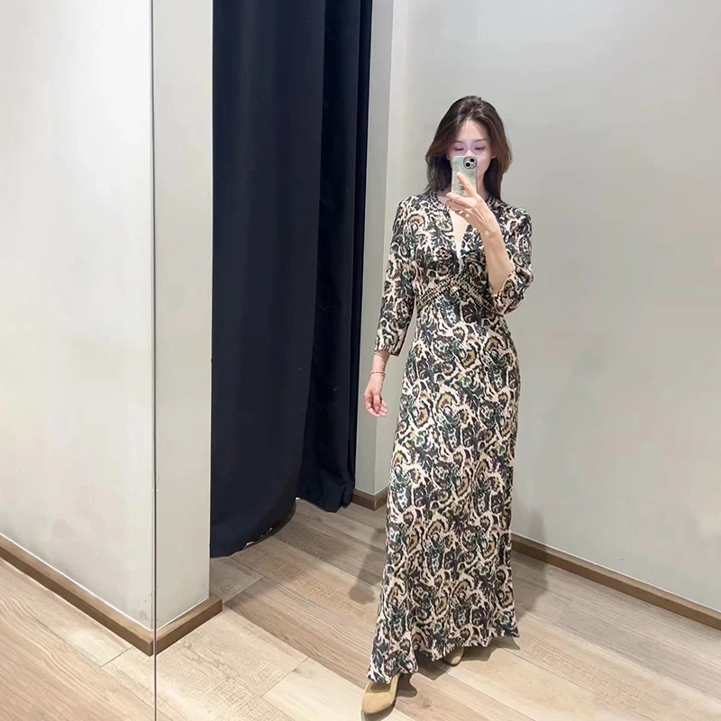 

Deep Blue Floral Print Vintage Vacation Style Women's Long Sleeve V-Neck Dress Shirt Half Skirt High Waist Fashion Set
