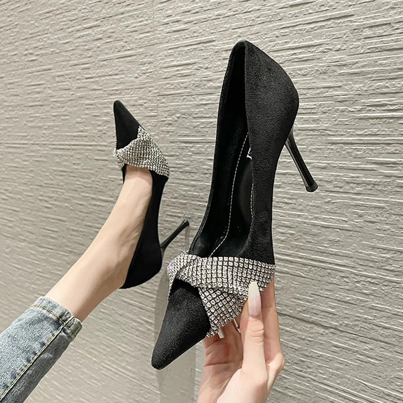 

2022 High Quality Women's Shoes Fashion High Heels Bright Embellished Bow Slingback Mules Pointed Toe Stiletto Satin Shoes