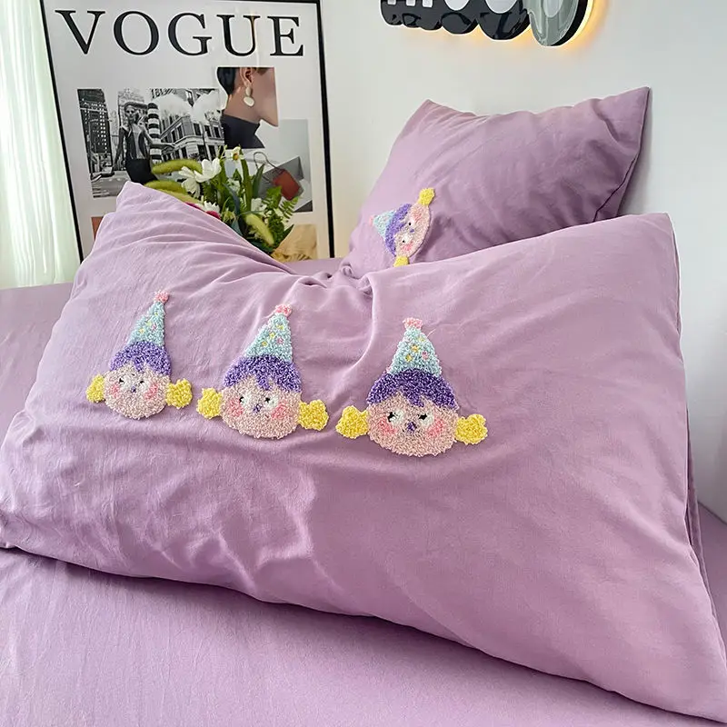 48x74cm Cartoon Pillowcase Figurine Towel Embroidered Purple Simple Washed Cotton Pillowcases Baby Children Girl Pillow Cover