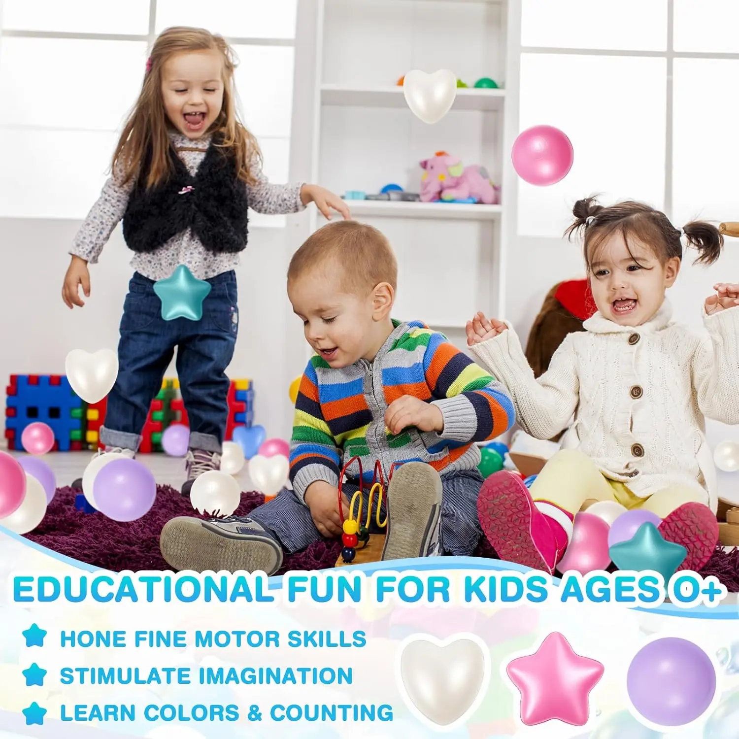 100 peças bola de plástico para crianças criança 2.17 '' estrela formato de coração brinquedo para cercadinho piscina inflável pulseira de amizade nascimento
