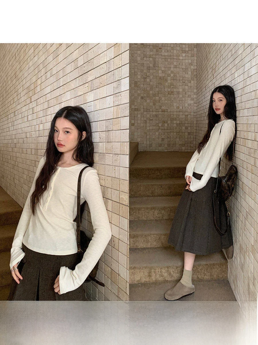 

Linyunyun White Knitted Sweater Women's Autumn Winter Slim Fit round Ne f Buttoned Base irt Soft Sle Long Sve T-s...