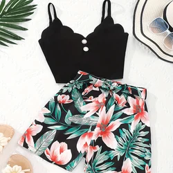Two Piece Summer Girl Cute And Fashionable Sleeveless Suspender Top Printed Shorts Set Princess Daily Casual Birthday Party Set