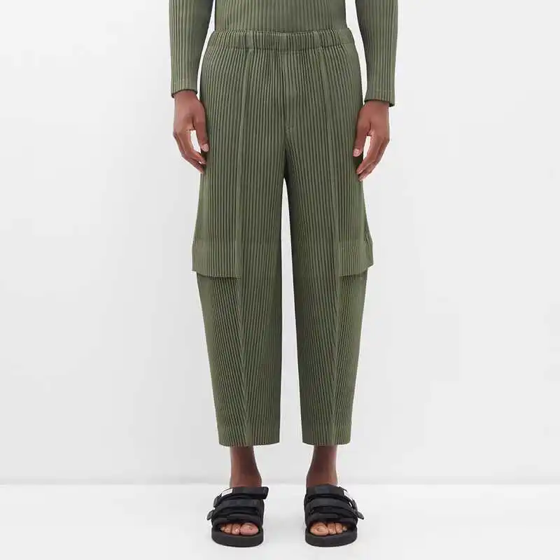 

Мужские летние повседневные брюки свободного кроя из трехслойной ткани горячего прессования ручной работы, цвета хаки, длиной 7/8