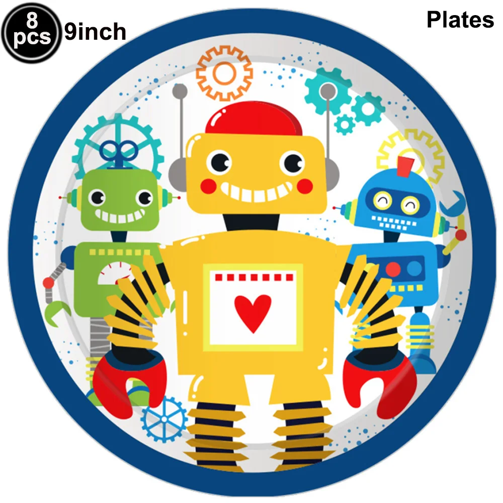 Robot Birthday Party Supplies Cartoon Robots Tablecloth Paper Plates Cups Napkins Robots Happy Birthday Banner Boys Party Decors