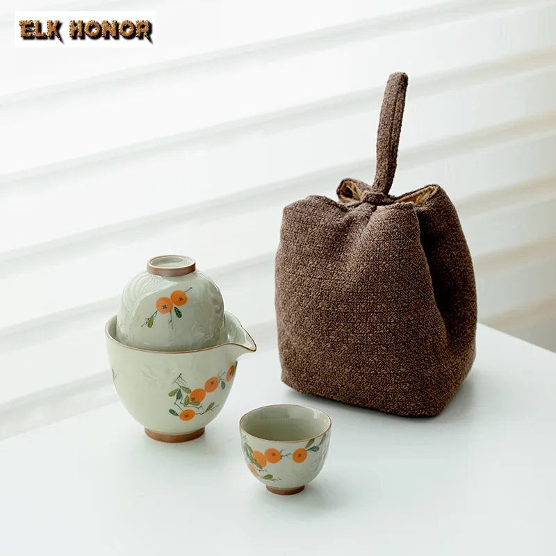 Hand-painted Persimmon Tea Set Kit Creative 1 Pot 2 Cups Tea Making Camping Travel Tea Set Portable Cloth Bags Drinkware Craft