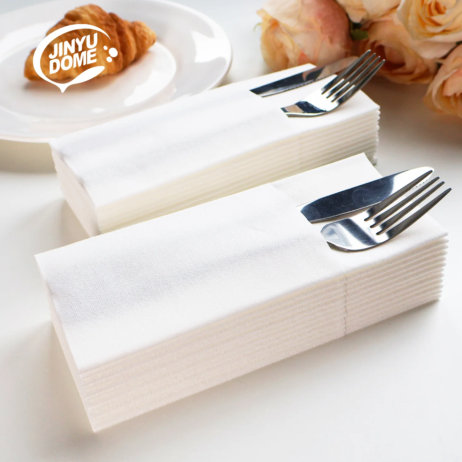 Weiße Servietten mit integrierter Bestecktasche, 13x15,75 Zoll, 50 Stück. Vorgefaltete Einwegservietten für Besteck, Hochzeit, Party, Veranstaltungen
