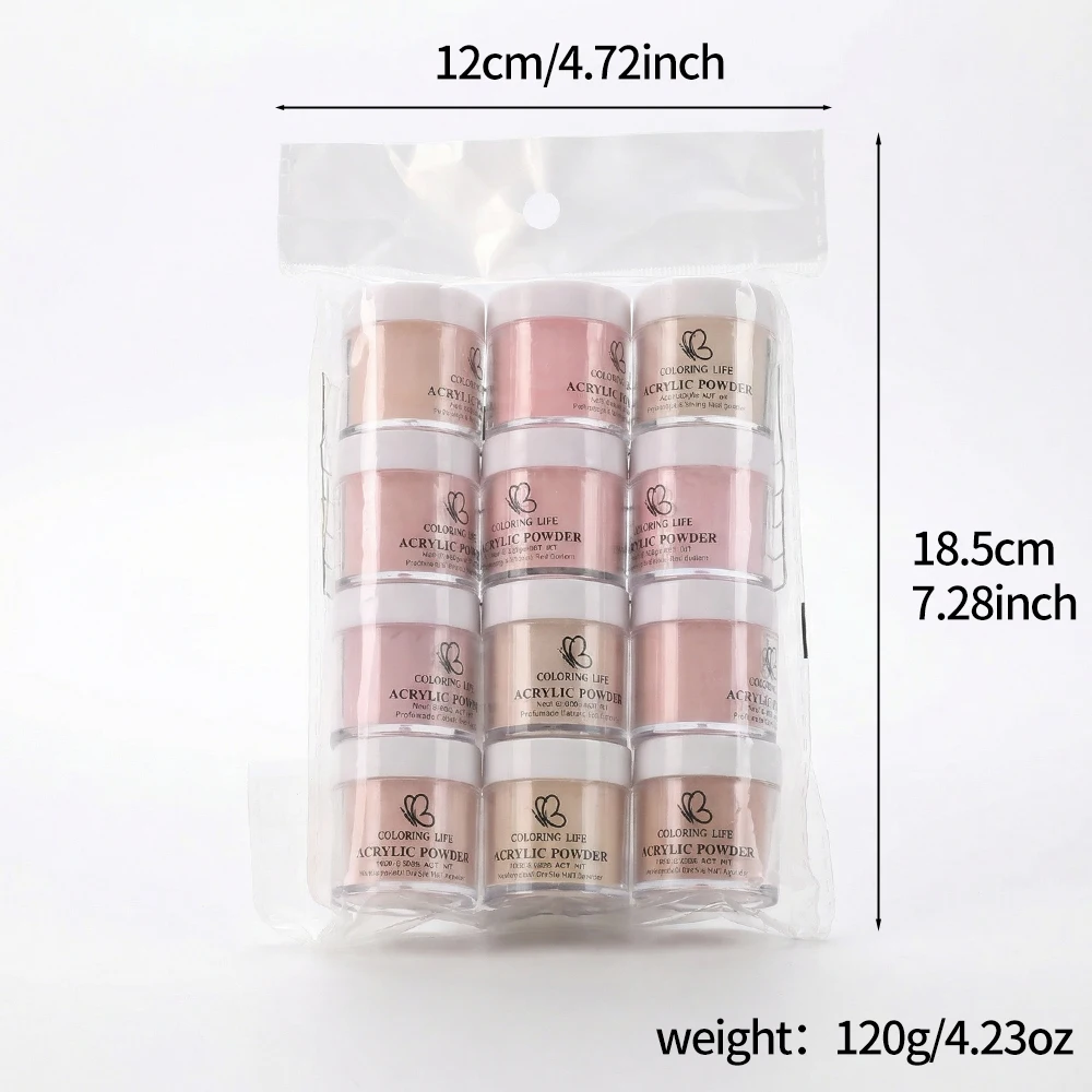 7g * 12 vasetti Polvere per unghie acrilica marrone rosa nudo Polvere di cristallo per unghie 3 in 1 per estensione del salone di bellezza/intaglio/polvere di pigmenti per immersione