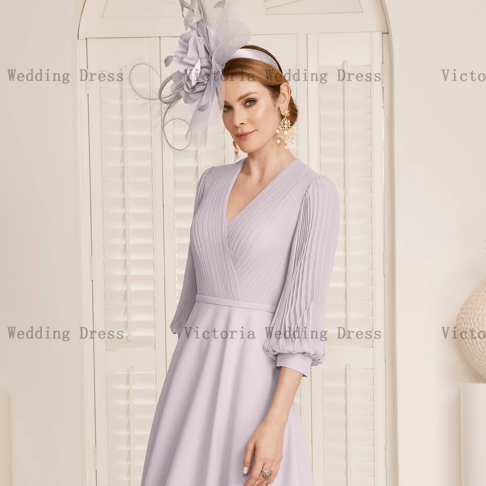 Eleganti abiti da madre della sposa rosa con scollo a V maniche lunghe abiti da festa di nozze pieghe lunghezza del tè a-line Chiffon muslimah