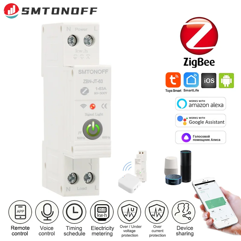 TUYA WiFi Zigbee MCB Smart Circuit Breaker Over Current Under Voltage Protection Power Metering 1-63A Remote Control Switch