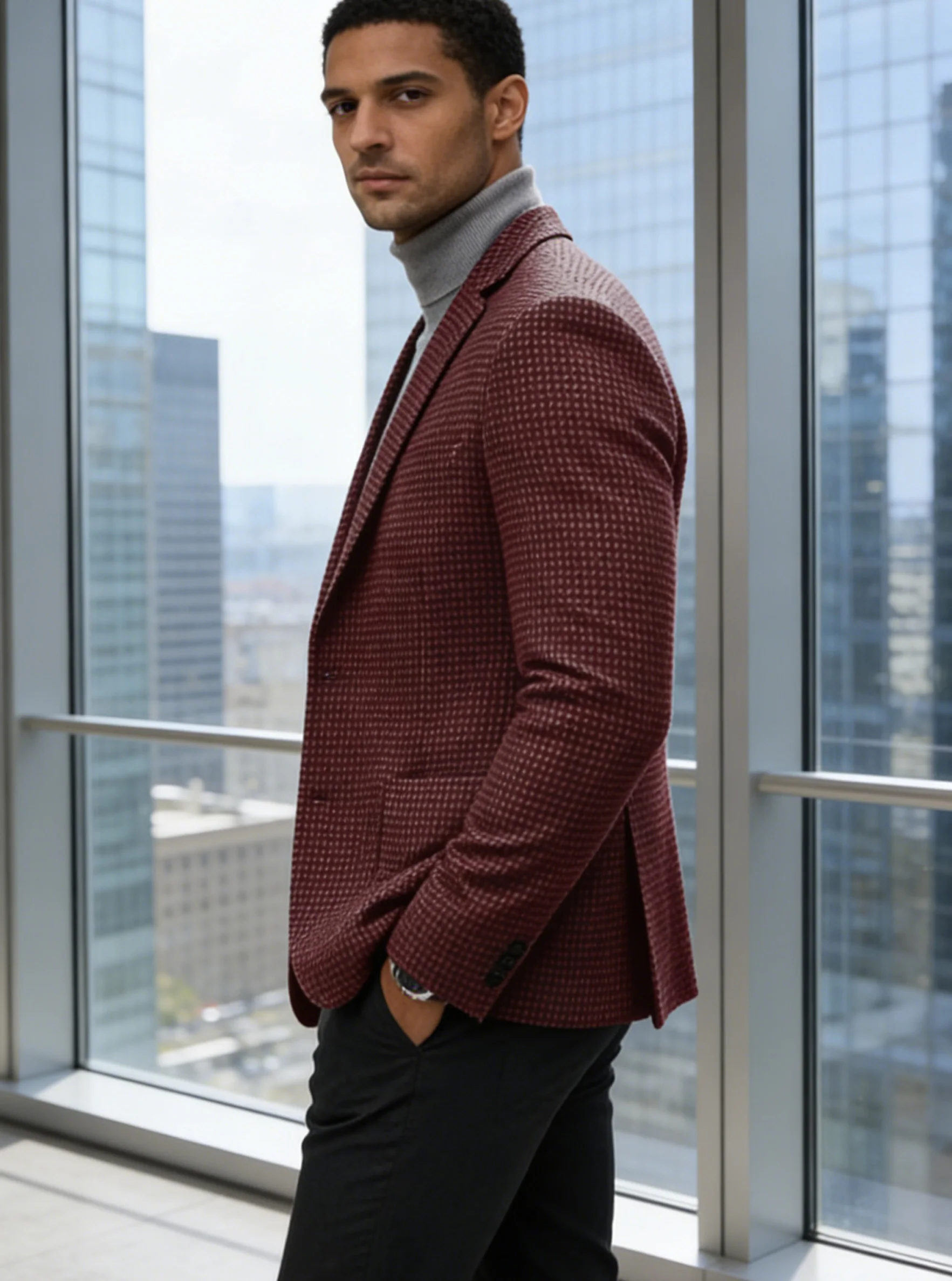 Men's Vintage Houndstooth Tweed Blazer Burgundy Slim Fit Notch Lapel Patch Pocket Fashion Two Buttons Business Casual Jacket image 3