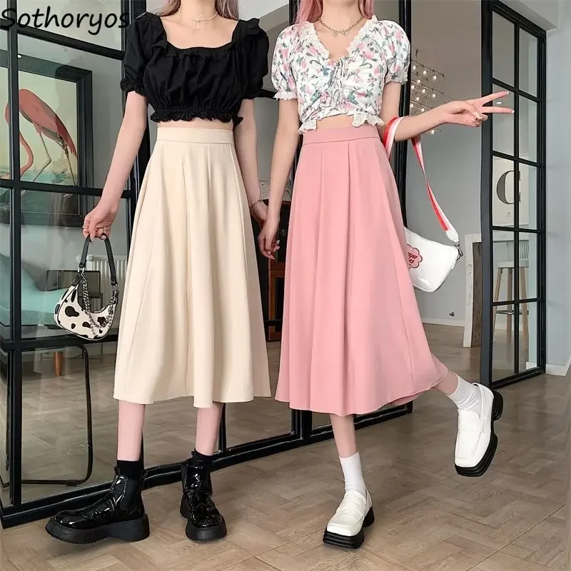 

Skirts Women Folds Solid Simple Daily All-match Basics Classics Vintage New Korean Style Popular Leisure Creativity Personality