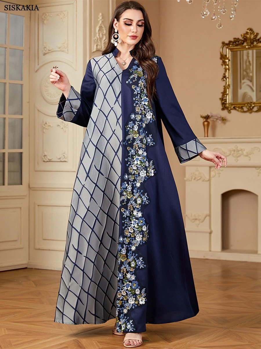 Siskakia Ramadan-Dubai Cekiny Panel Haft Długie Sukienki Dla Muzułmanek Patchwork Rękaw Kebaya V-Neck Abayas