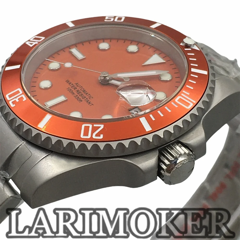 Larimoker 40.5Mm Duiken Automatische Mechanische Nh35 Pt5000 Move Heren Horloges Oranje Wijzerplaat Keramische Bezel Saffier Waterdicht Horloge