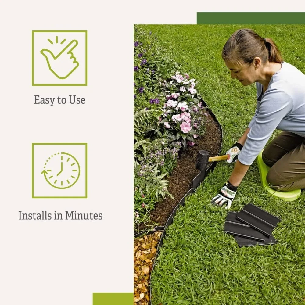 Easy No-Dig Landscape Edging Kit | Outdoor Pound-in Interlocking Garden Border | Made with Weatherproof Recycled Plastic.