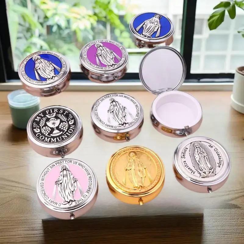 Classical Metal Holy Sacrament St. Benedict Rosary Storage, Religious Jewelry Round Gift Box