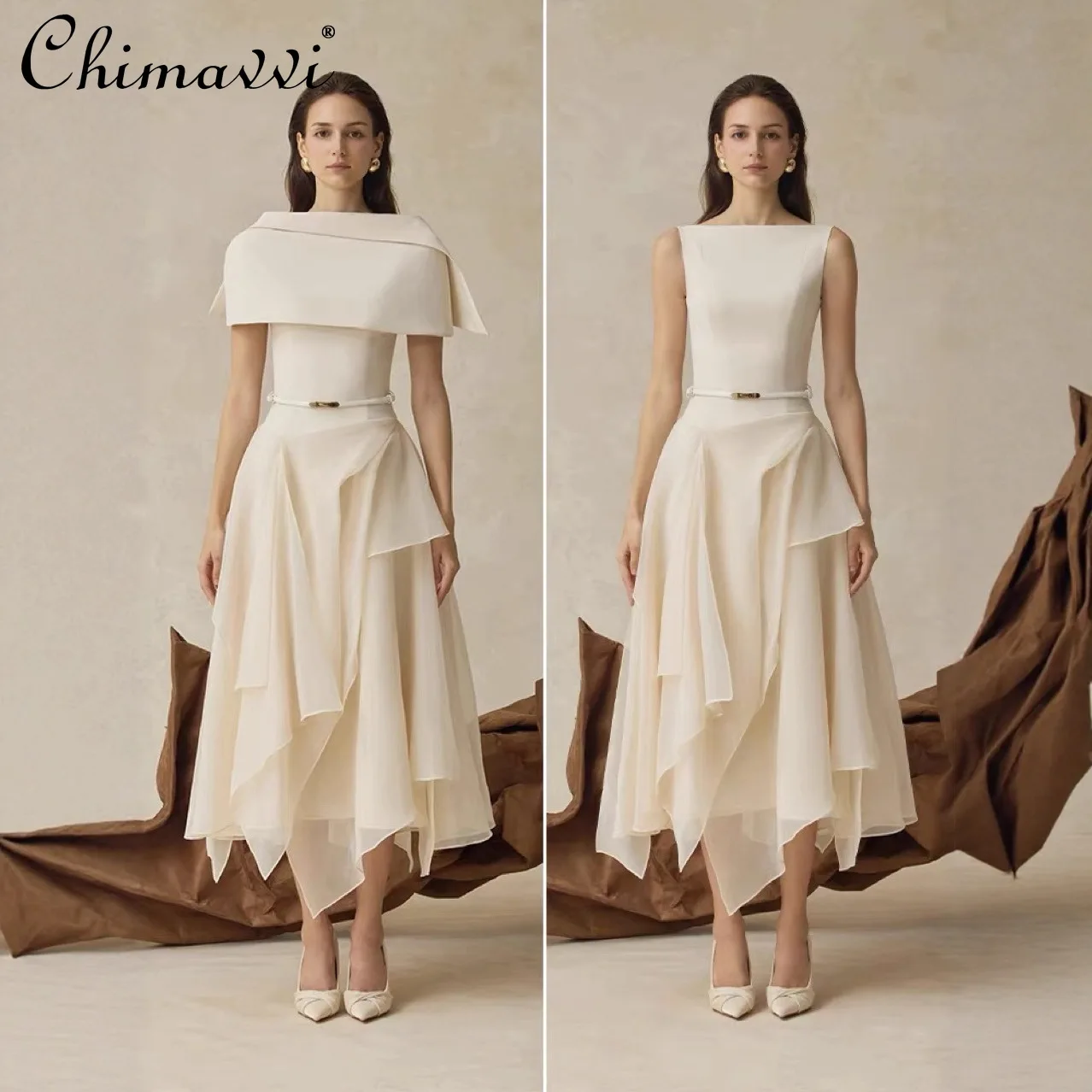

French Elegant Temperament Socialite Sleeveless High Waist Slim A-line Irregular Long Evening Party Dress for Women with Cape