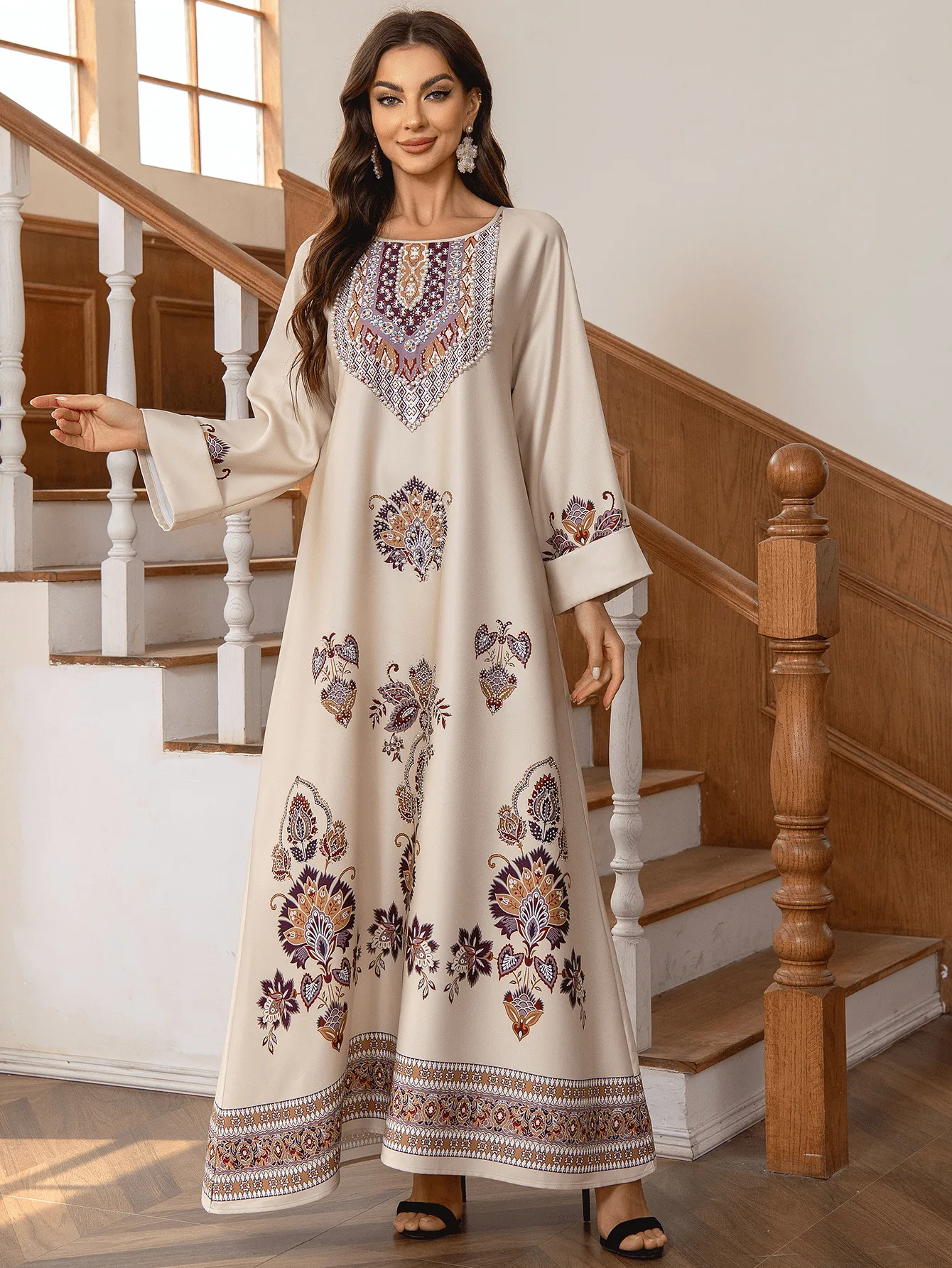 

Muslim Long Dress with Round Neck Printed and Embellished with Rhinestones and Pearls in A-Line Style