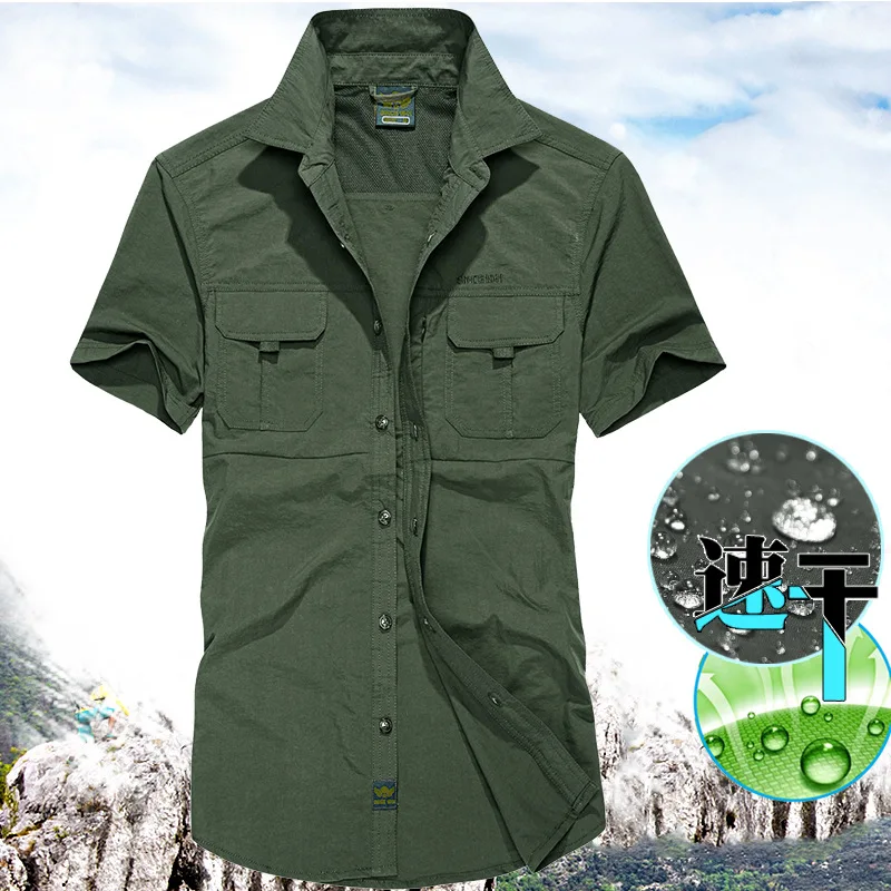 Mens Summer Short Sleeve Outdoor Shirt Pockets Quick Dry Blouse Mountaineering Hiking Fishing Military Working Clothes Big Size