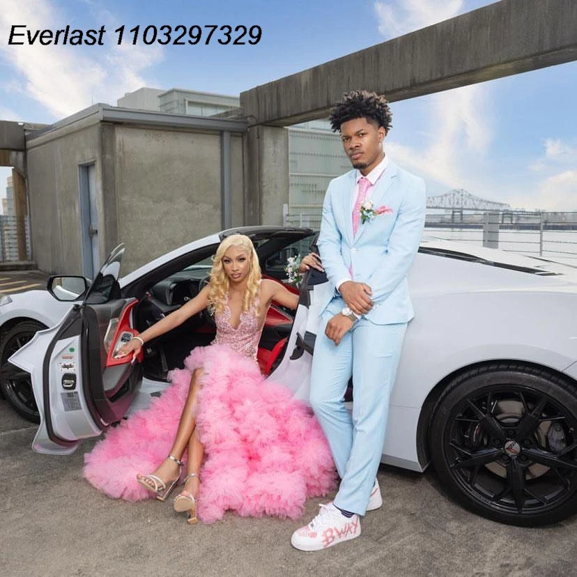 EVLAST Customized Pink Ruffles Mermaid Long Prom Dress For Black Girls High Slit Crystal Rhinestone Beaded Party Gown TPD161