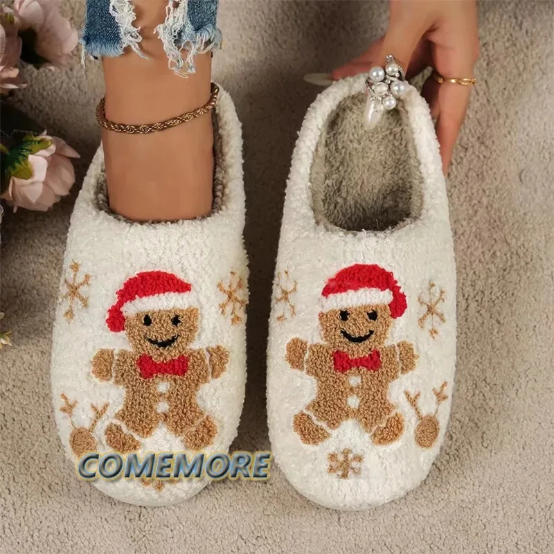 Fashion Winter Cartoon Slippers Women‘s Christmas Warm Plush Furry Shoes Couple Slides House Indoor Non-slip Home Slippers Gifts