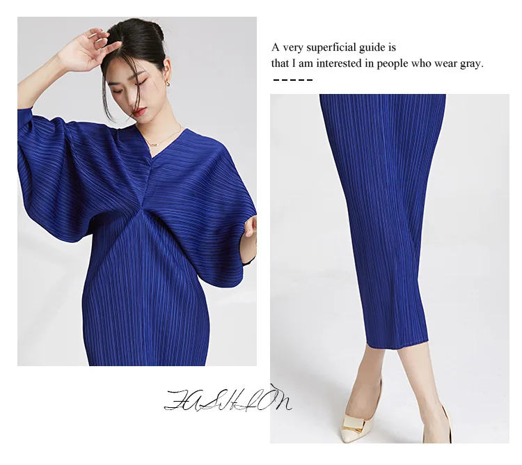 Miyake Plissiertes Kleid mit Fledermausärmeln 2025 Sommer Neu Senior Sense V-Ausschnitt Locker Dünner Eleganter Vielseitiger Rock – Detail 8