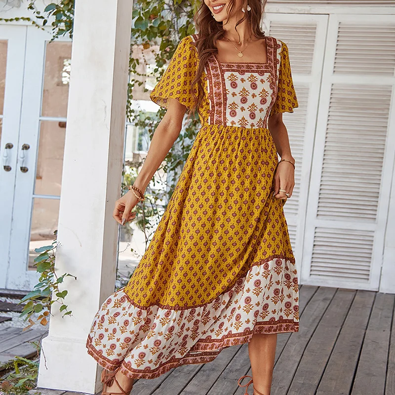 Vintage Boho Floral Damen Sommer Langes Kleid Sexy Quadratischer Kragen Druck Strand Sommerkleid Lässige Urlaub Böhmische Maxikleider