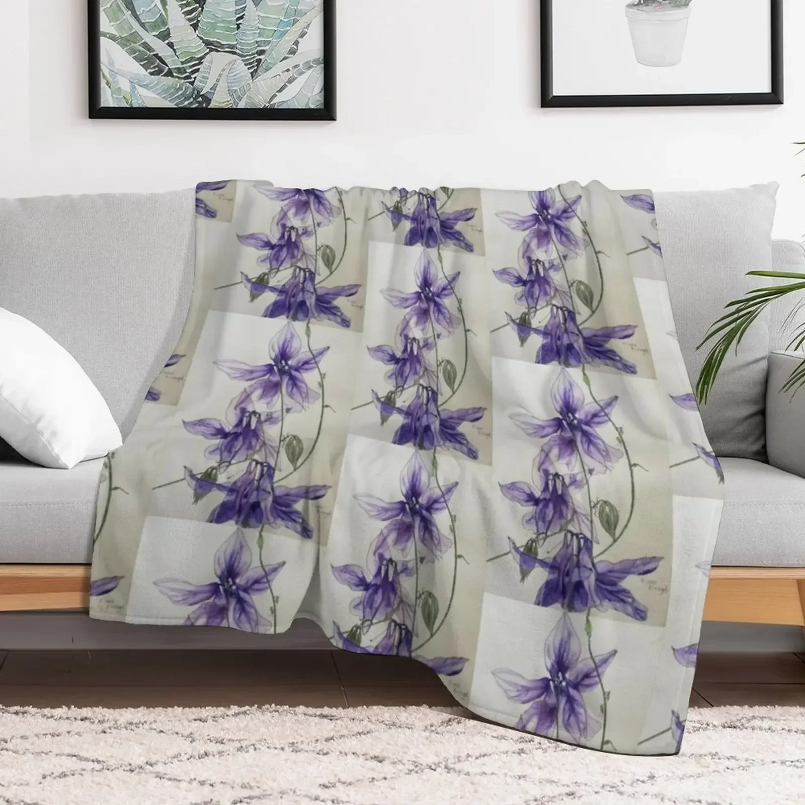 Aquilegia columbine blue watercolour painting Throw Blanket Flannel Thins Blankets