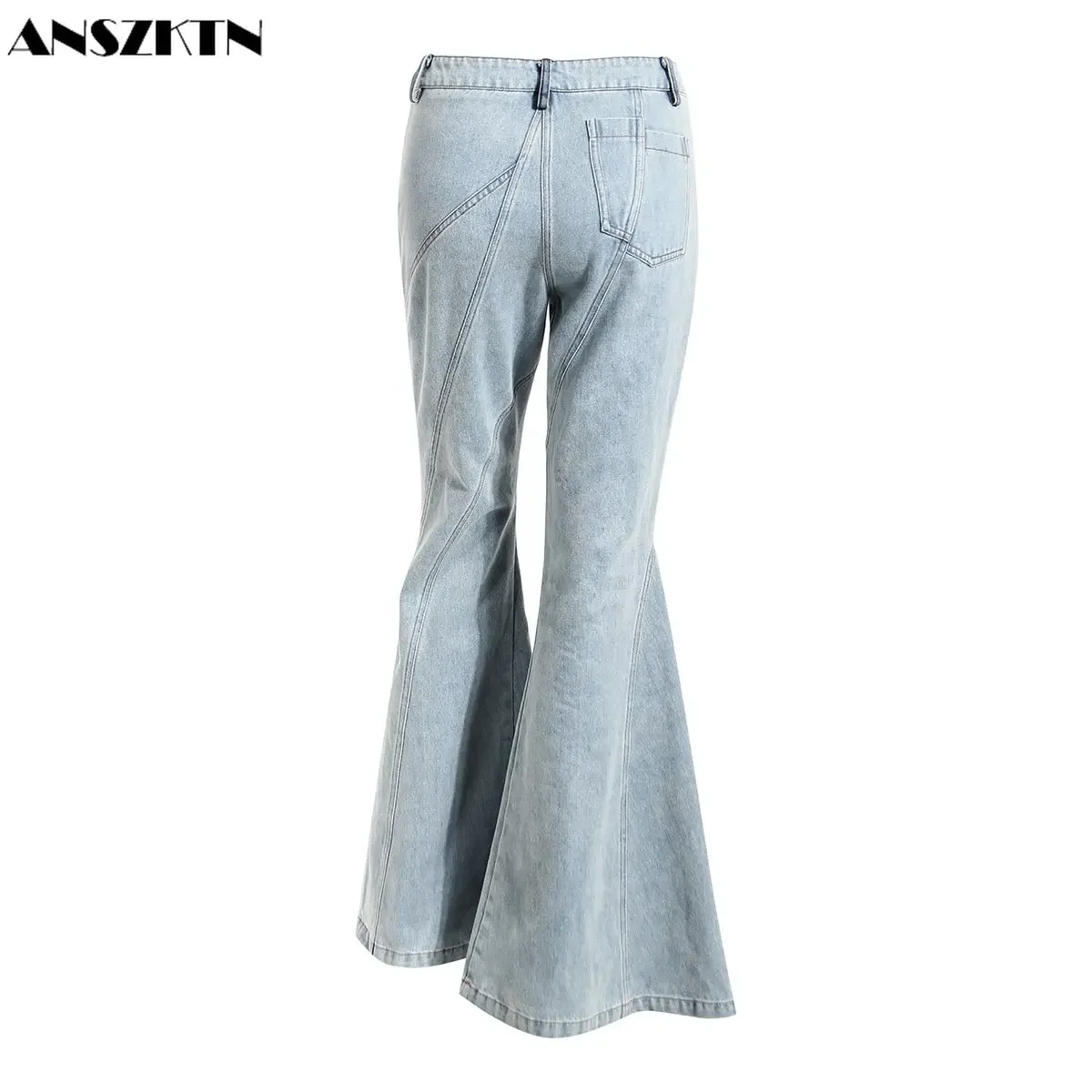 ANSZTKZN Fashion Hollow High Waist Khaki Skiny Womens Flare Denim Flared Jeans Pants