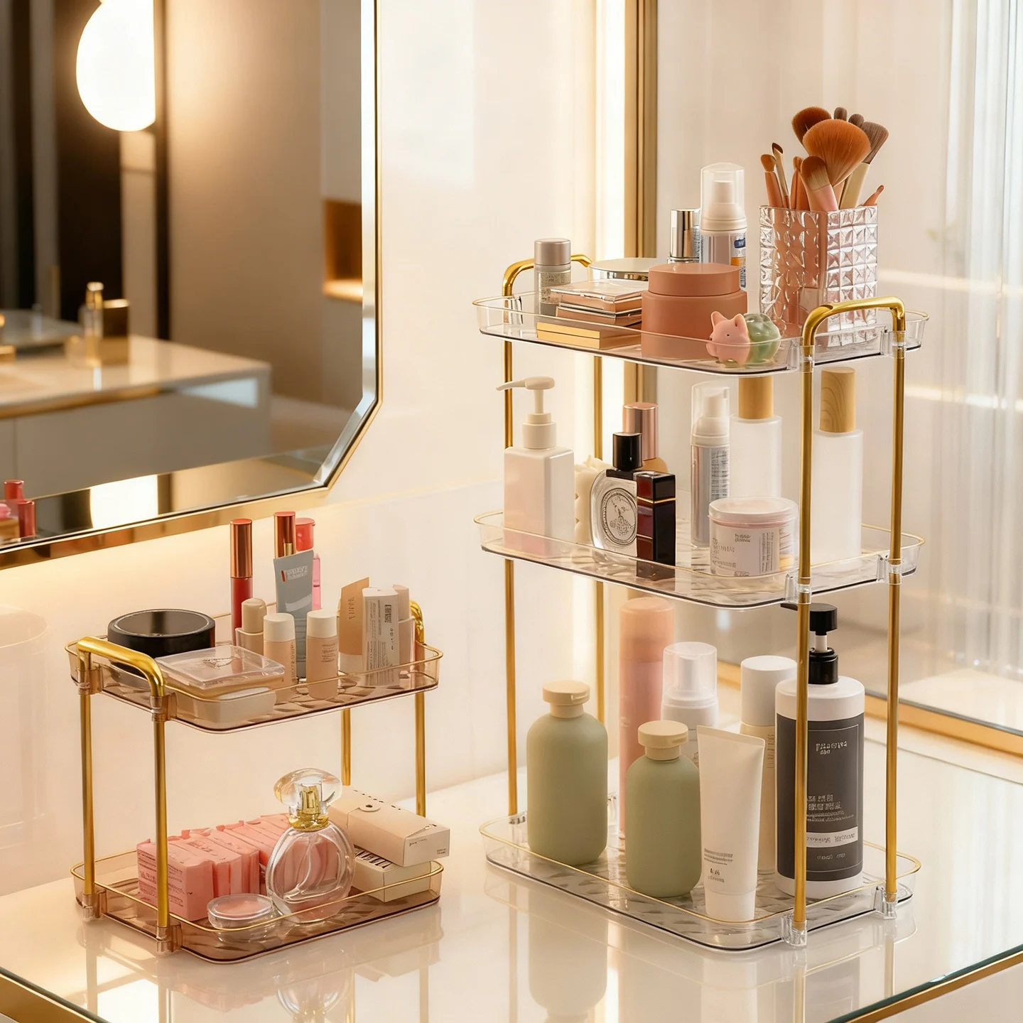 WORTHBUY 2/3 Tiers Desktop Plastic Storage Rack Large Capacity Makeup Organizer Skin Care Perfume Storage Holder For Bathroom