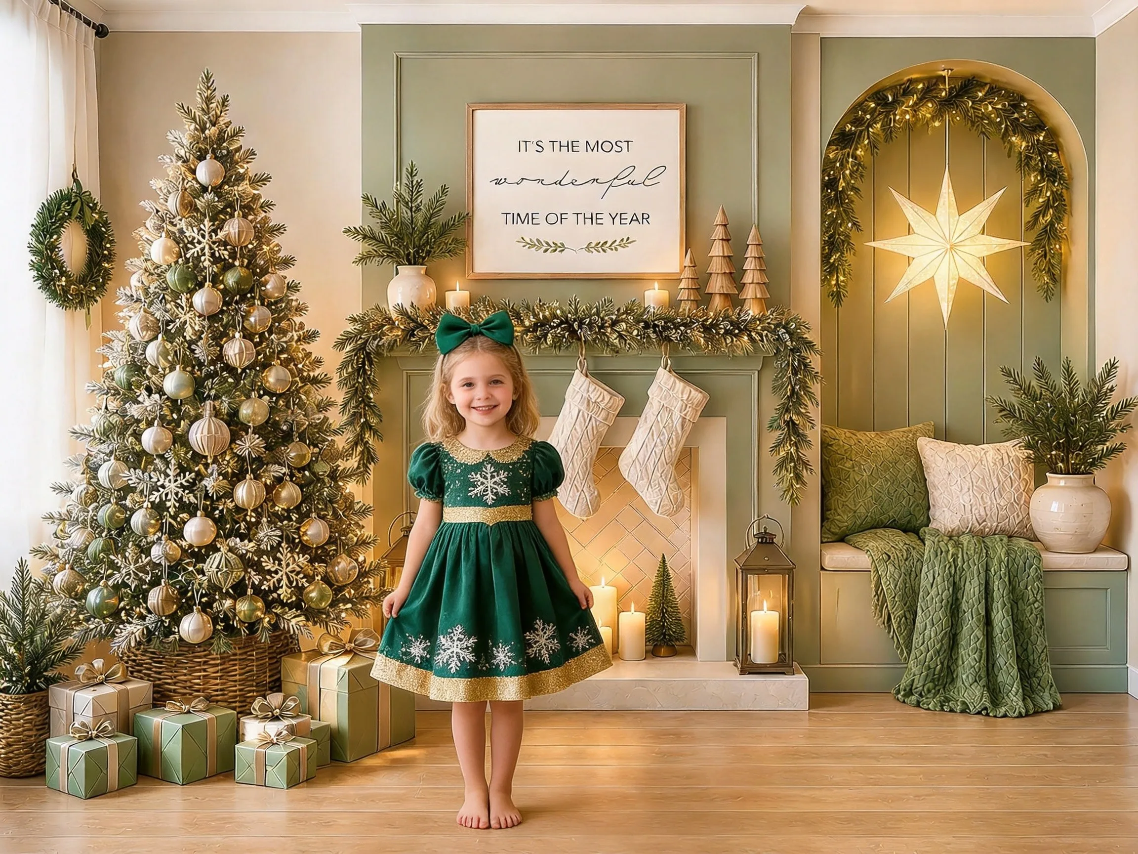Elegant Green Gold Christmas Tree Gift Fireplace Lantern Winter Photography Backdrop For Kids Family Holiday Portrait Studio