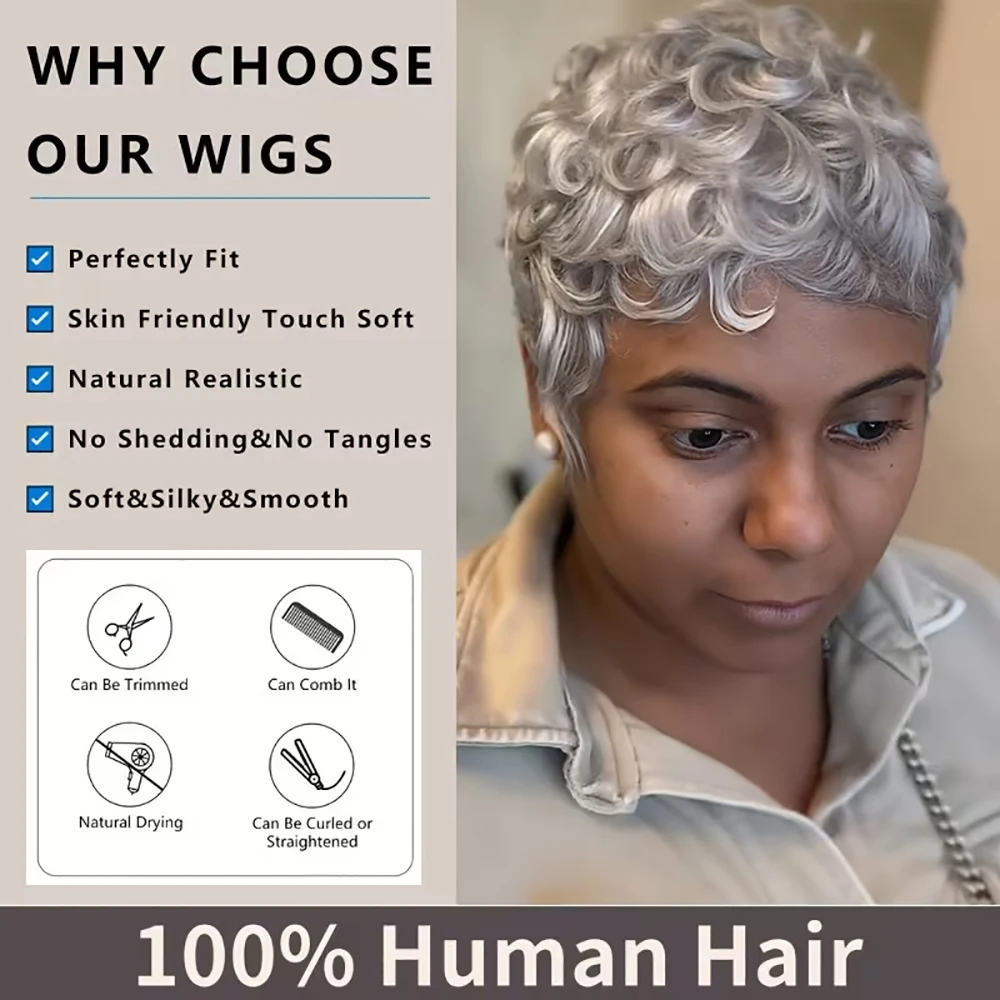 رمادي قصير عابث قطع الباروكات شعر الإنسان البيض مجعد الباروكات مع الانفجارات قبل قطعها للنساء البرازيلي شعر ريمي كامل آلة صنع قبعة