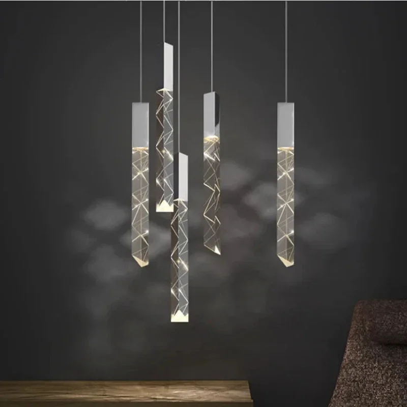 Crystal LED Stair Pendant Lights Modern Living Room Loft Glossy Fixture Kitchen Island Hanging  Dining  Chrome 