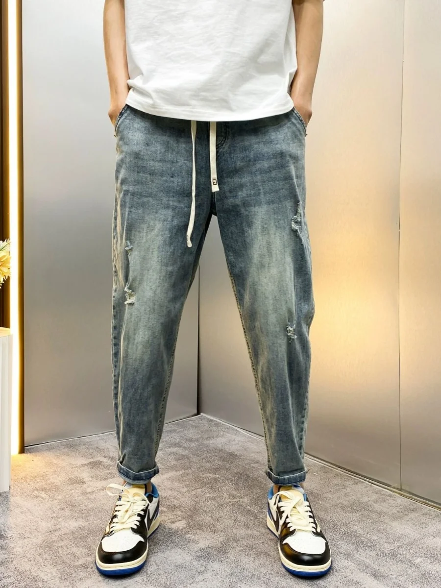 

Мужские джинсы свободного кроя в стиле Харадзюку для весны и лета, с эластичным поясом, износостойкие, повседневные, комплект из девяти предметов