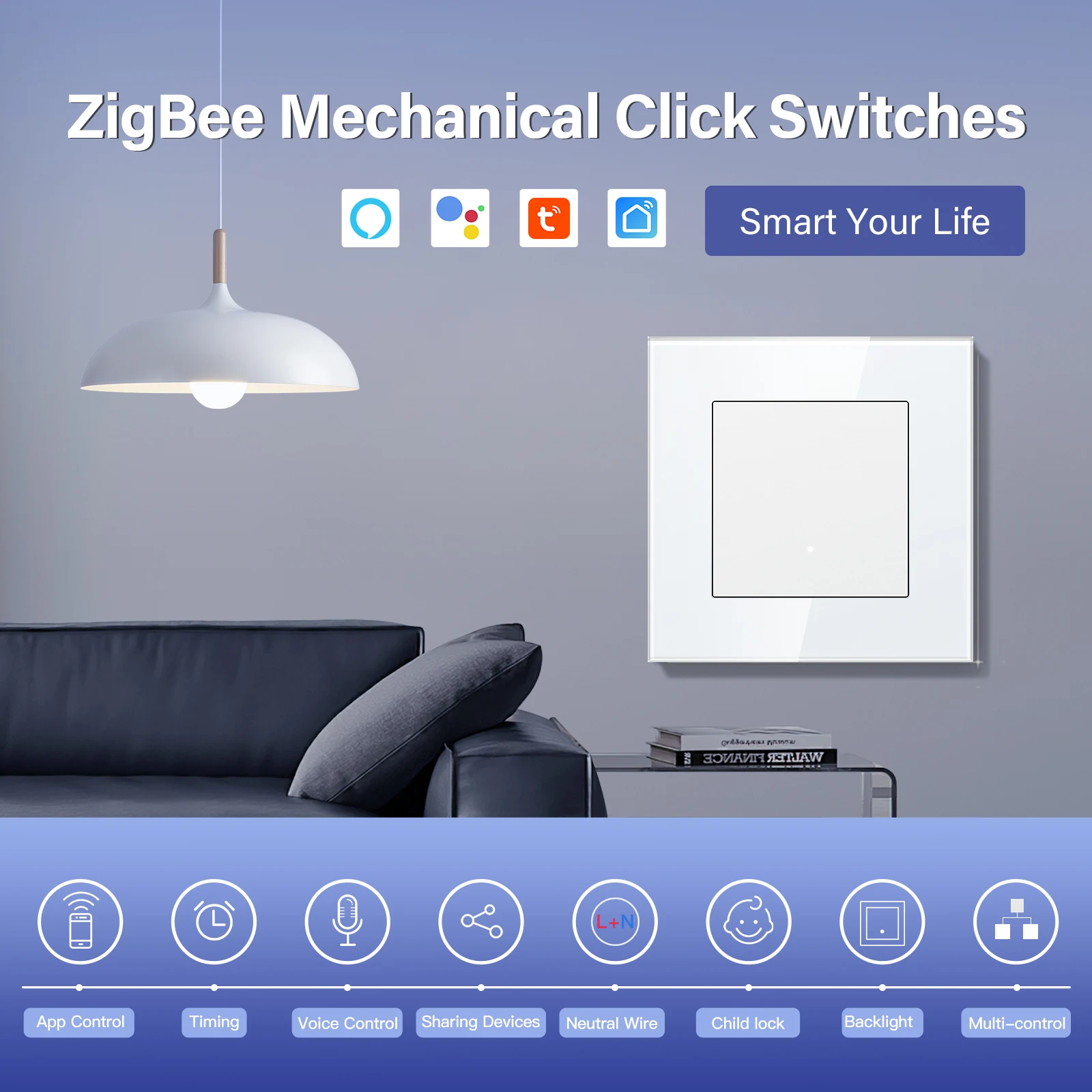 BSEED 1/2/3/4Gang 2Way Zigbee Light Switch Smart Click Button Switch Glass Panel Tuya Smart Life Alexa Voice Control 3 Colors