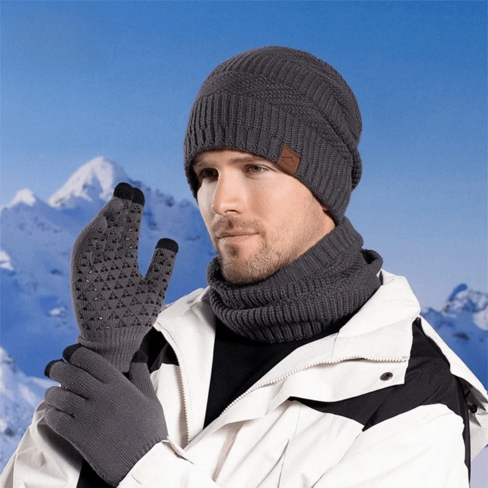 3pcs Solid Color Hat Scarf Gloves Set Warm Thicken Thermal Knit Cap Fleece Lined Thermal Protection Winter Beanie Hat Women/men