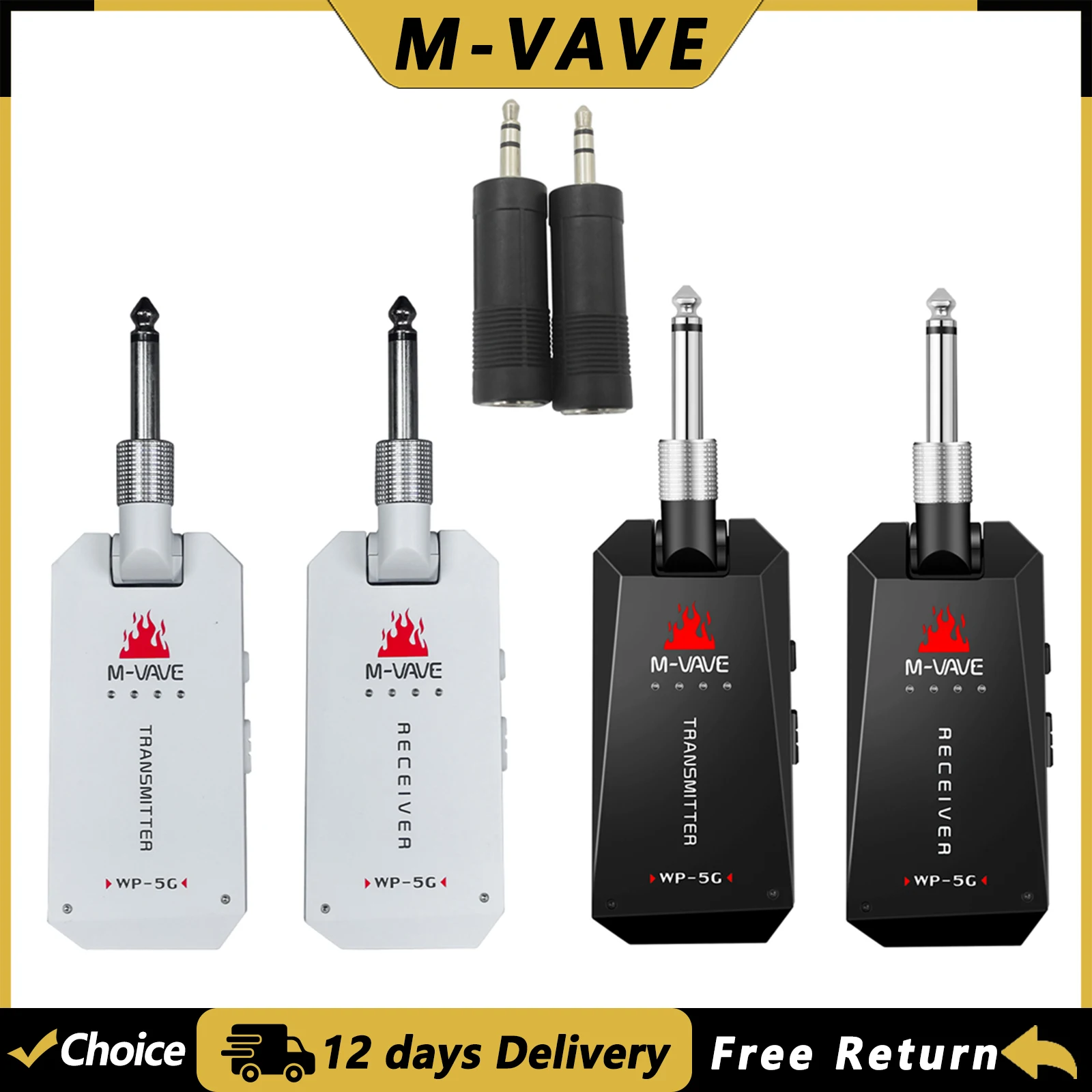 M-VAVE 5.8GHz Wireless Guitar System WP-5G Rechargeable Guitar AMP Wireless Audio Transmitter Receiver /6.5mm to 3.5mm Adapter