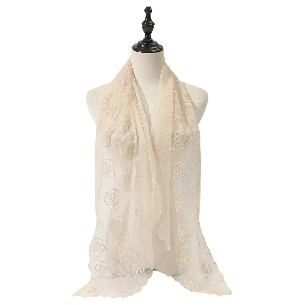 

Elegant Embroidered Flower Lace Scarf Breathable Mesh Lightweight Sunscreen Shawl Long Silk Scarf Women