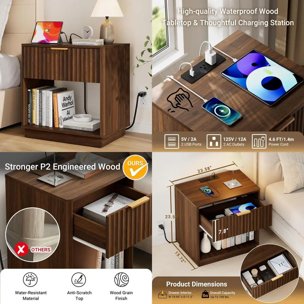 منضدة خشب الجوز الحديثة في منتصف القرن مع قاعدة شحن، وطاولة جانبية كبيرة مع درج ورف مفتوح لاستخدام الطاولة النهائية