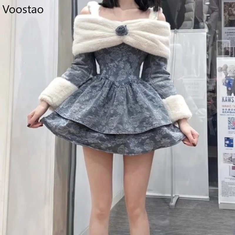 Korean Style Elegant Lolita Dress Autumn Winter Women Casual Plush Patchwork Floral Print Princess Dresses Sexy Party Slim Dress