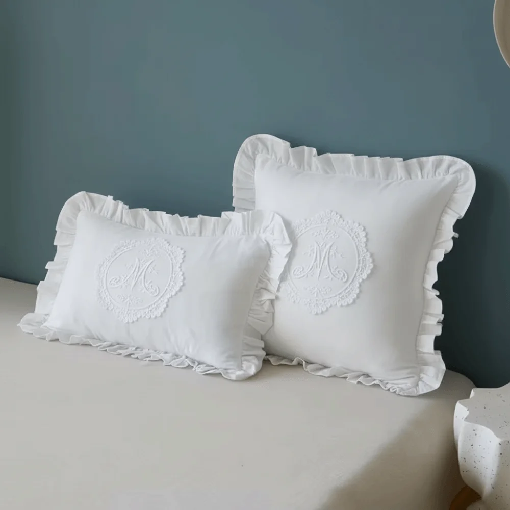Comfortable with Lotus Frill Pillow Cover Washed Material Embroidered Cushion Cover Soft French Lace Bedroom Pillow Shell