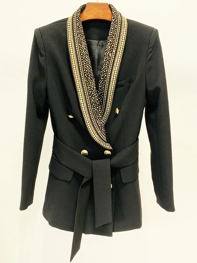 HIGH STREET Newest 2024 Stylish Designer Jacket Women's Metal Sheets Beading Belted Shawl Collar Blazer