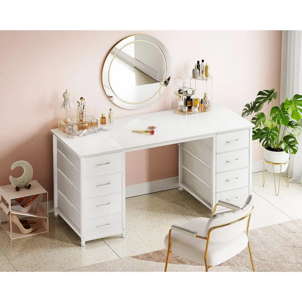 48 Inch White Computer Desk with 8 Fabric Drawers, Modern Office Desk with Large Storage for Home Office, Study, Gaming, White